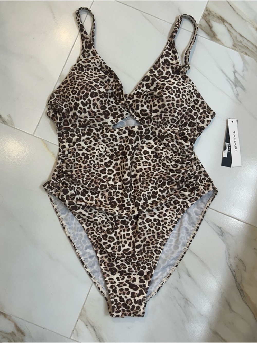 Tahari Cheetah Leopard Animal Print Tan Black Keyhole One Piece Swimsuit Large - Picture 4 of 9